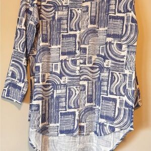 Abstract Blue Button Down Shirt for Women